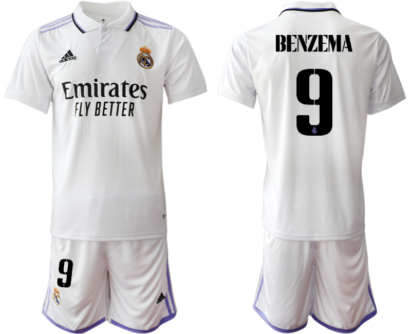 Men's Real Madrid #9 Karim Benzema 22/23 White Home Soccer Jersey Suit